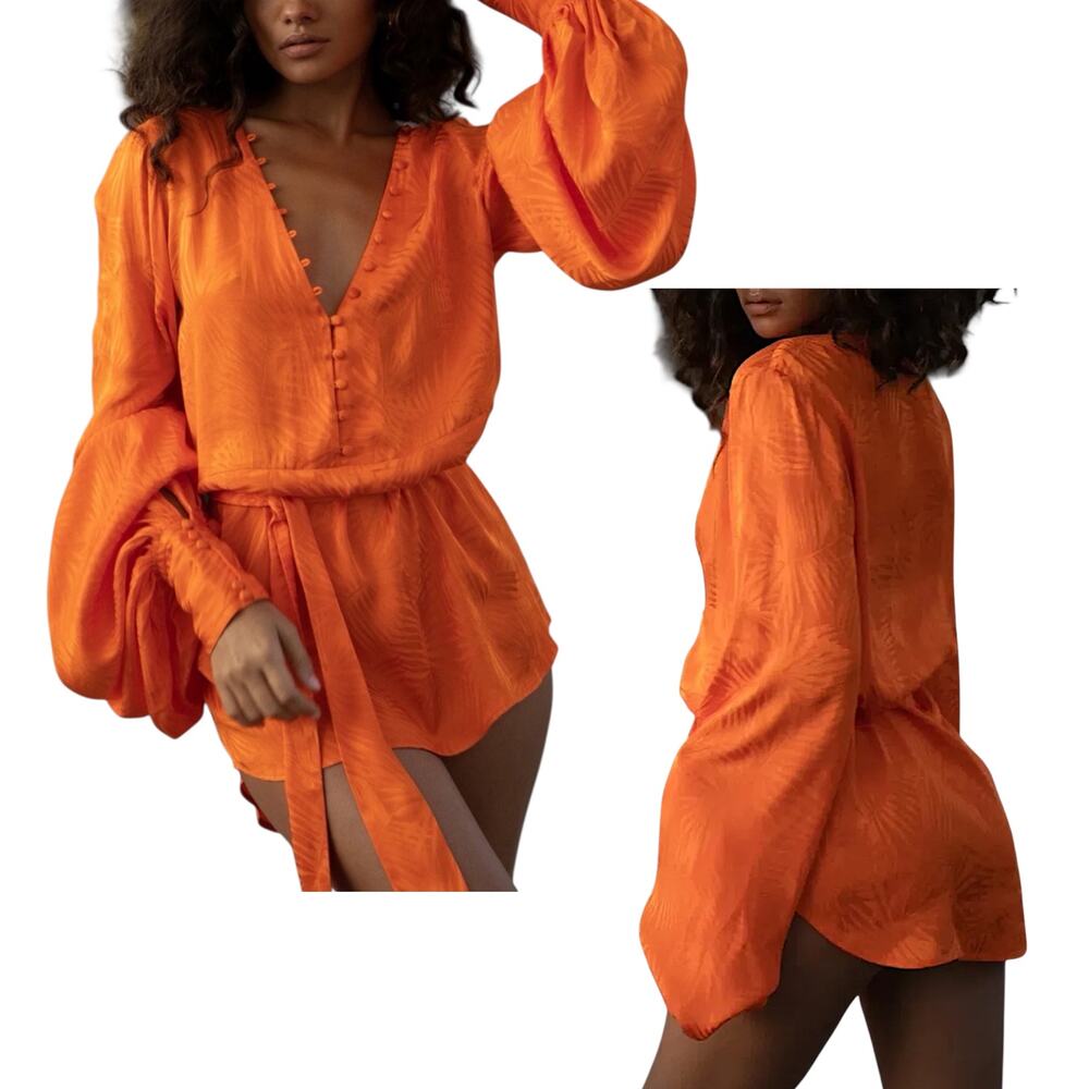 Rat & Boa, 'Harlequin' Mini Dress, Long Sleeve, Palm Jacquard, Orange XX-Small